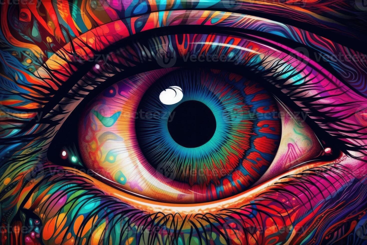 Vibrant close up of an eye, a mesmerizing blend of colors in a psychedelic design. photo