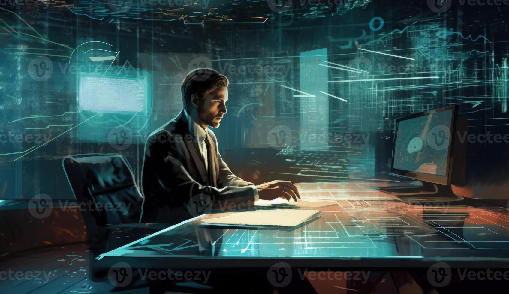 businessman sitting at desk in office and using laptop. Mixed media, . photo