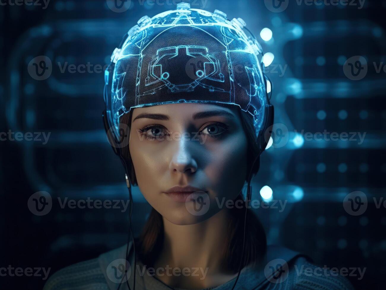 Futuristic humanoid robot exemplifies on blue background cutting edge artificial intelligence technology concepts. photo