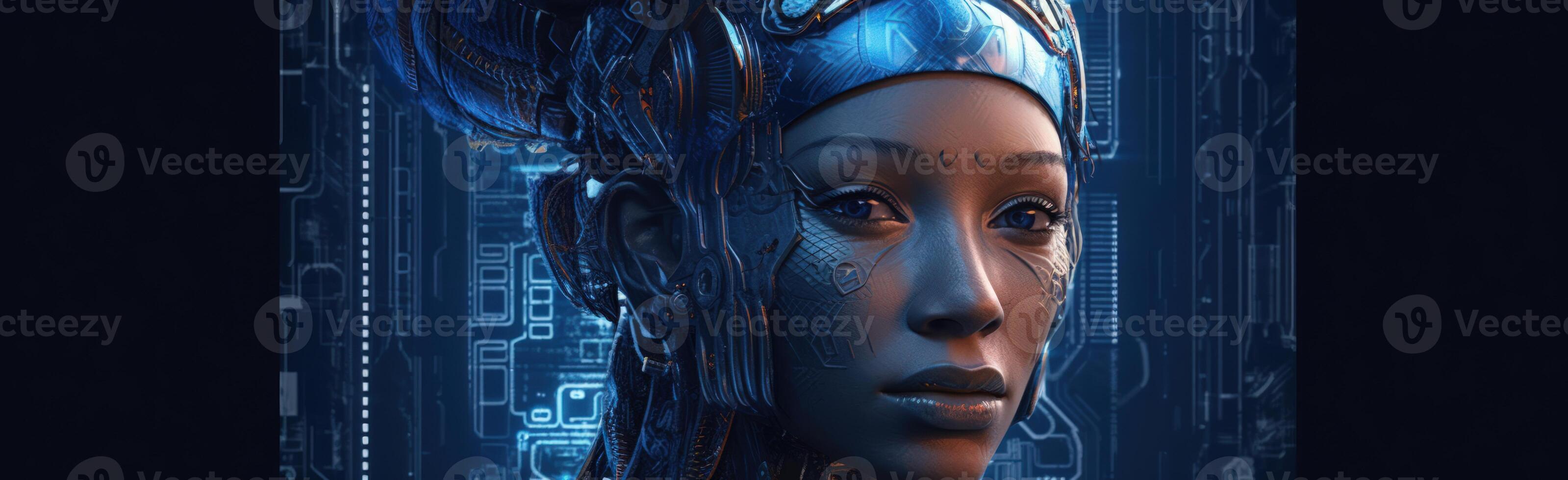 Futuristic humanoid robot exemplifies on blue background cutting edge artificial intelligence technology concepts. photo