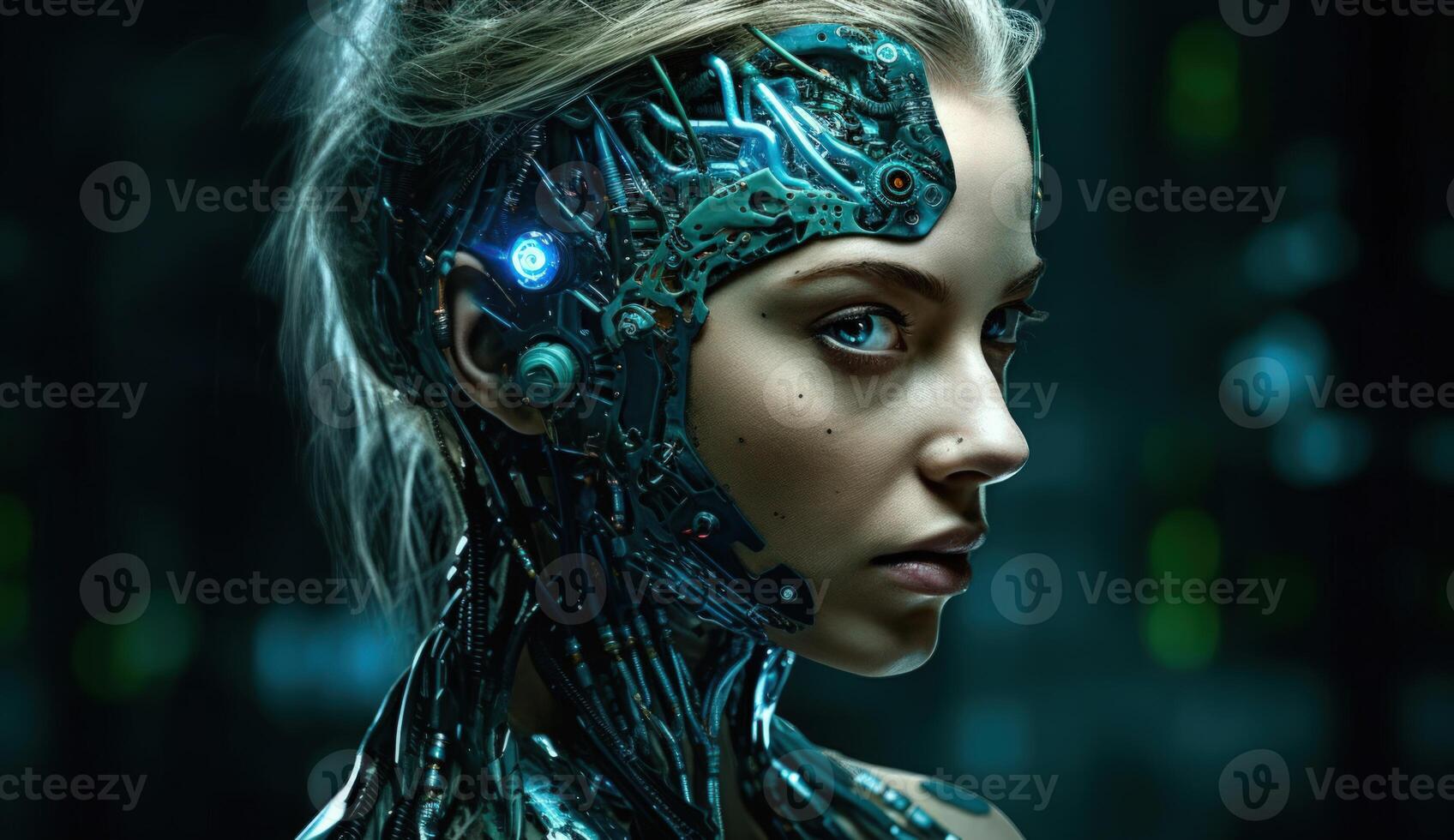 Futuristic humanoid robot exemplifies on blue background cutting edge artificial intelligence technology concepts. photo