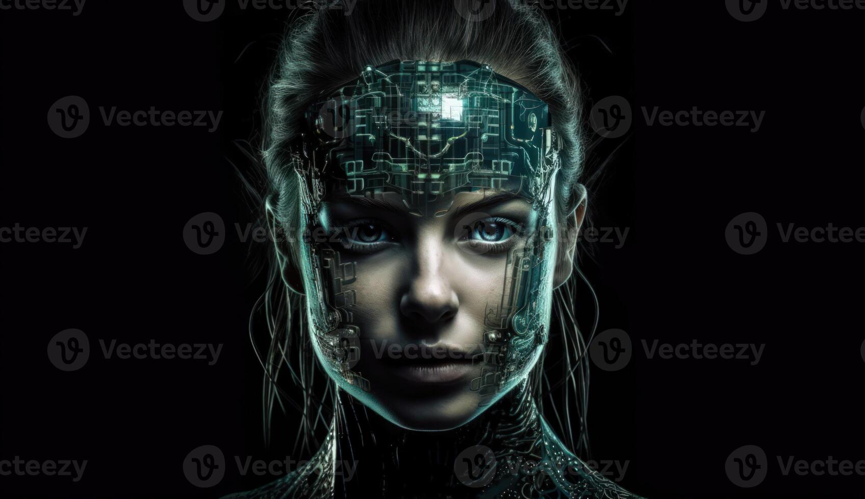 Futuristic humanoid robot exemplifies on blue background cutting edge artificial intelligence technology concepts. photo