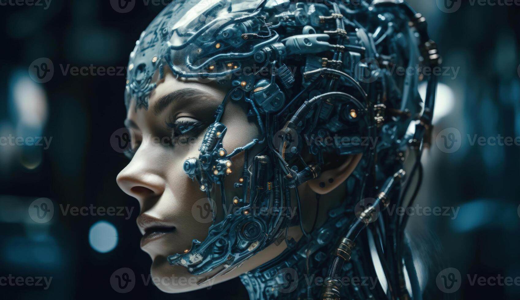 Futuristic humanoid robot exemplifies on blue background cutting edge artificial intelligence technology concepts. photo