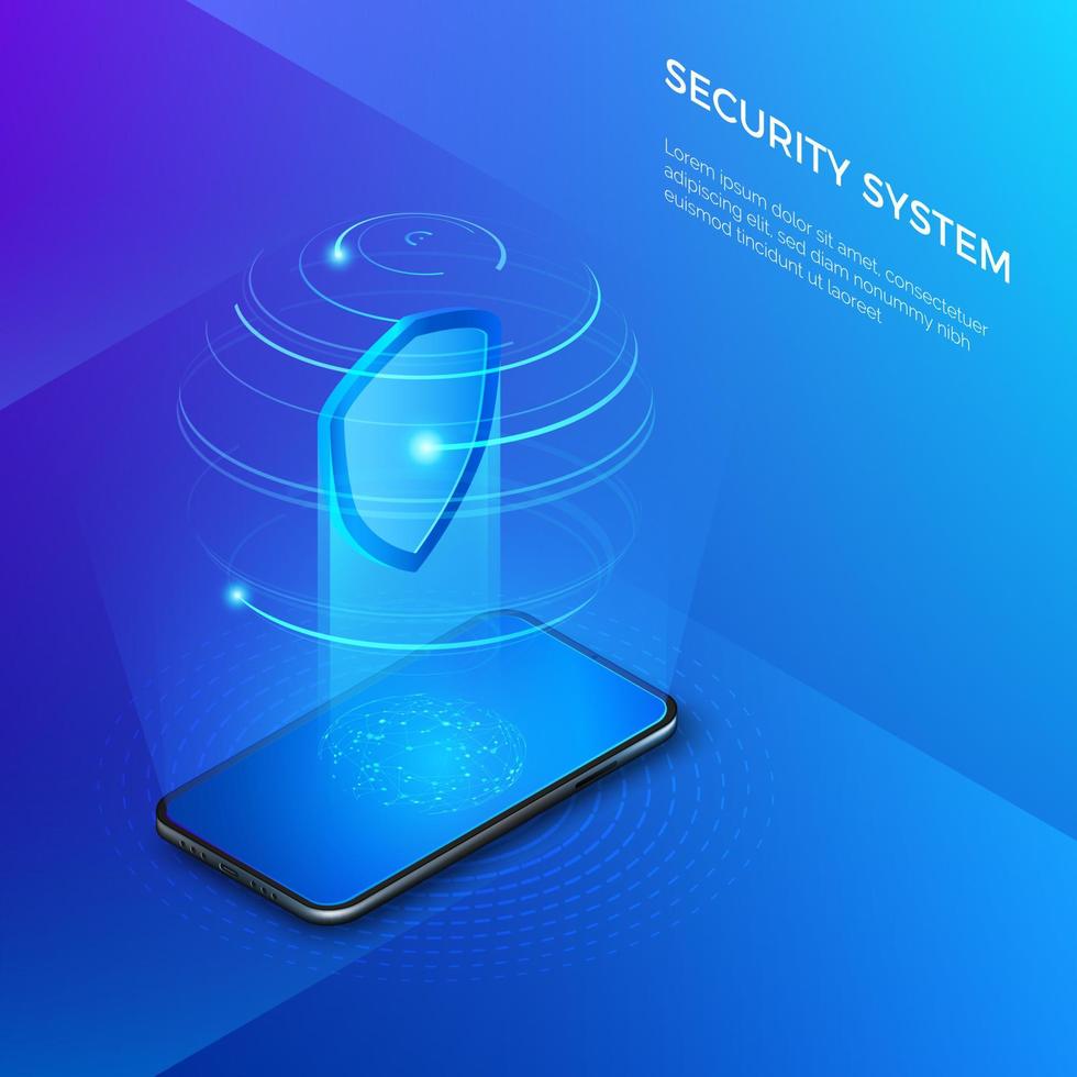 Security and protection private data. Mobile phone with shield hologram security system concept. Vector isometric illustration