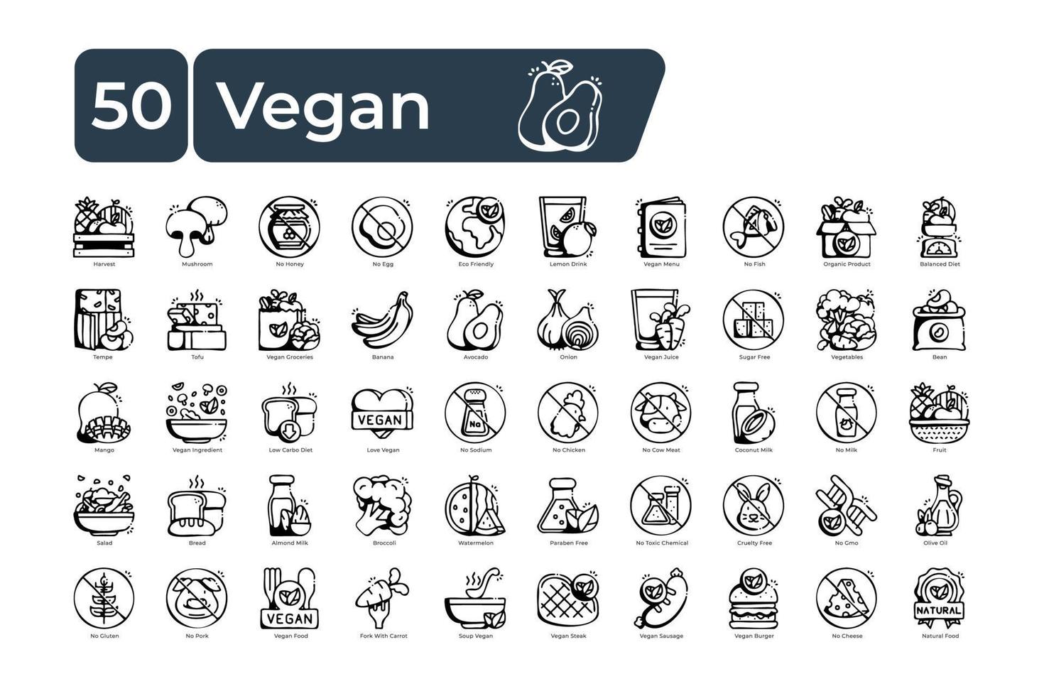 Vegan Icons Pack. hand drawn style. clean and simple vector icons