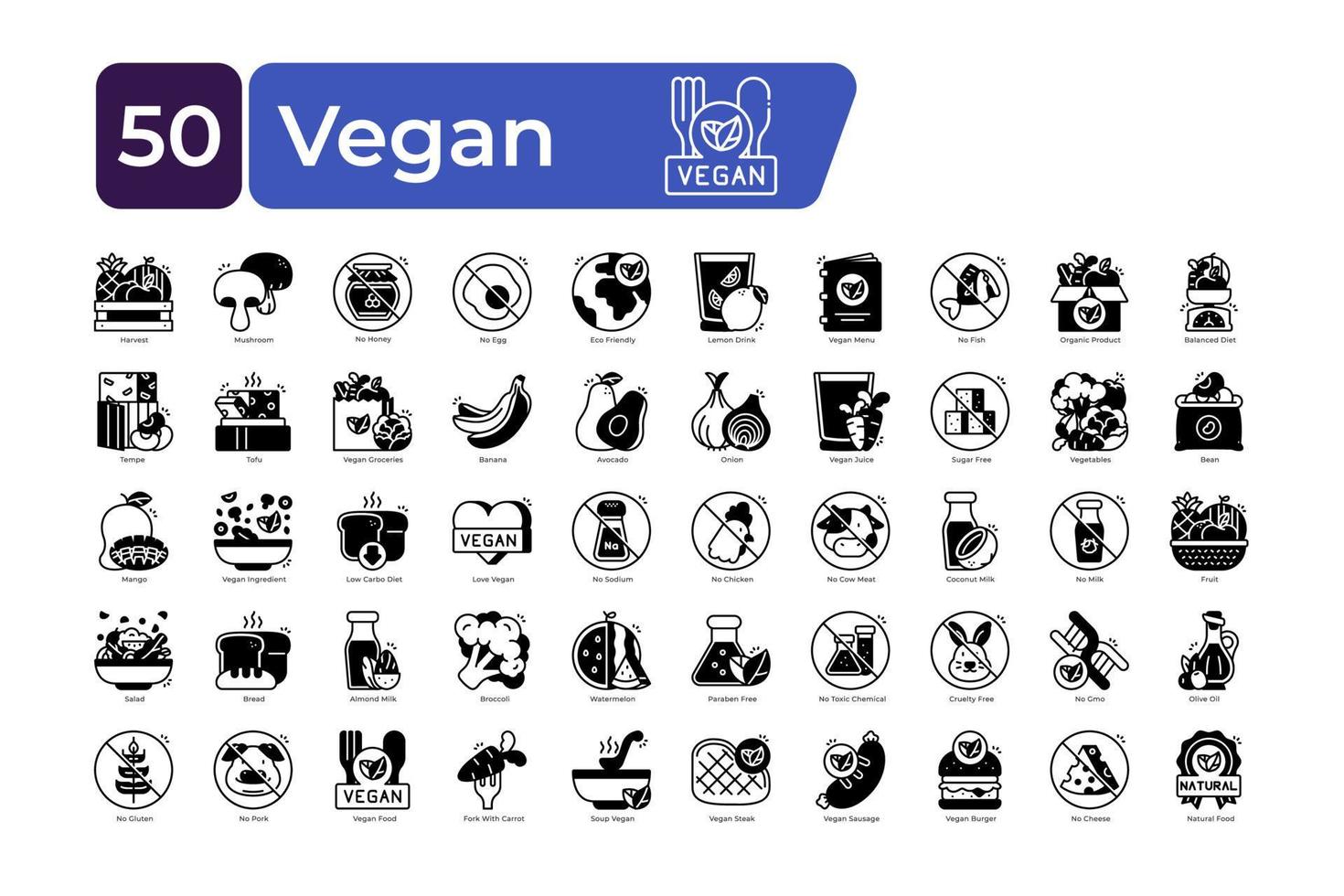 Vegan Icons Pack. Solid Glyph style. clean and simple vector icons