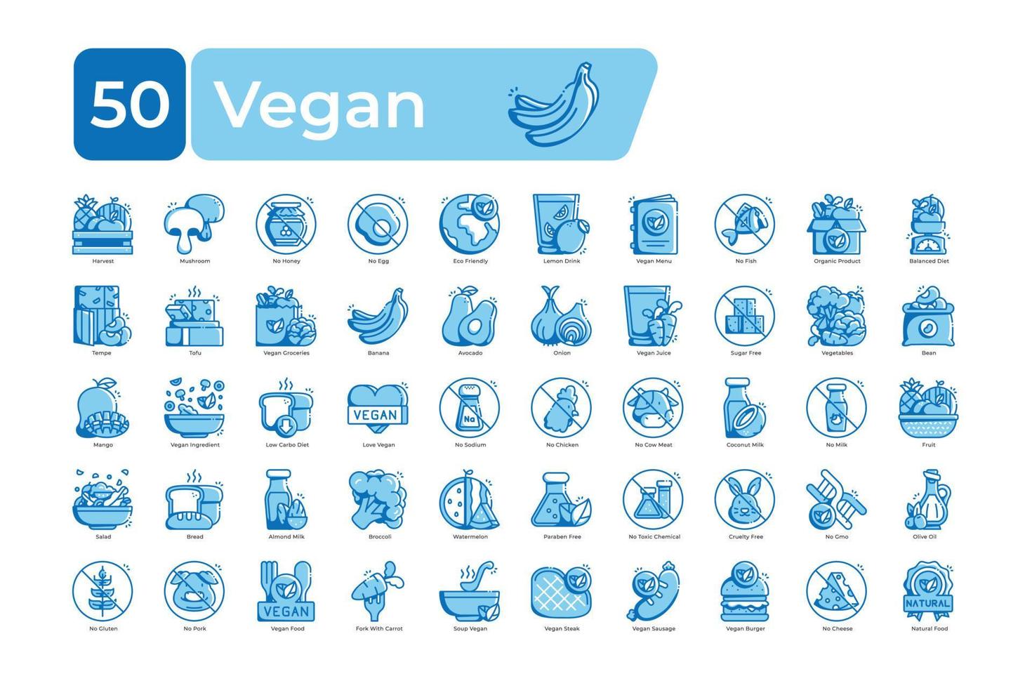 Vegan Icons Pack. blue outline color style. clean and simple vector icons