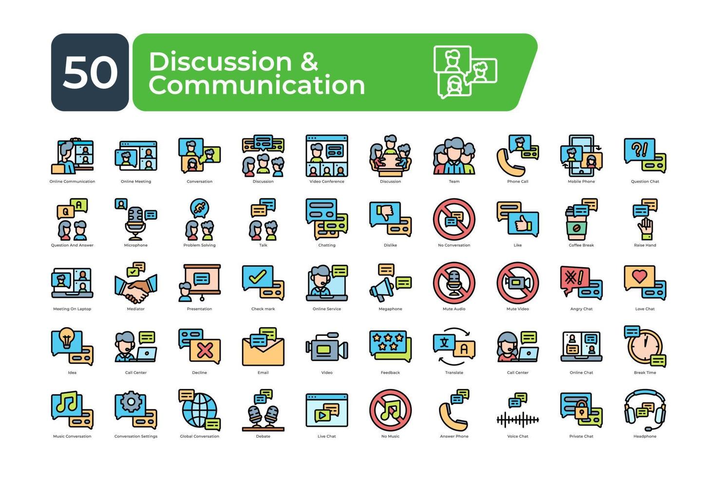 Discussion and communication icons Pack. fill color style. clean and simple vector icons