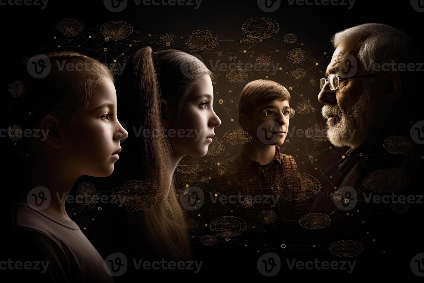 Different generations of family stand together against dark abstract background. photo