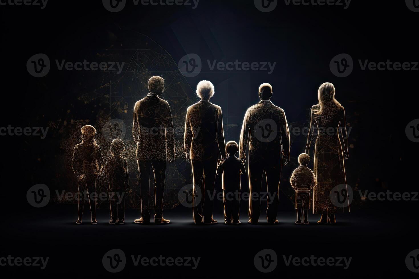 Different generations of family stand together against dark abstract background. photo