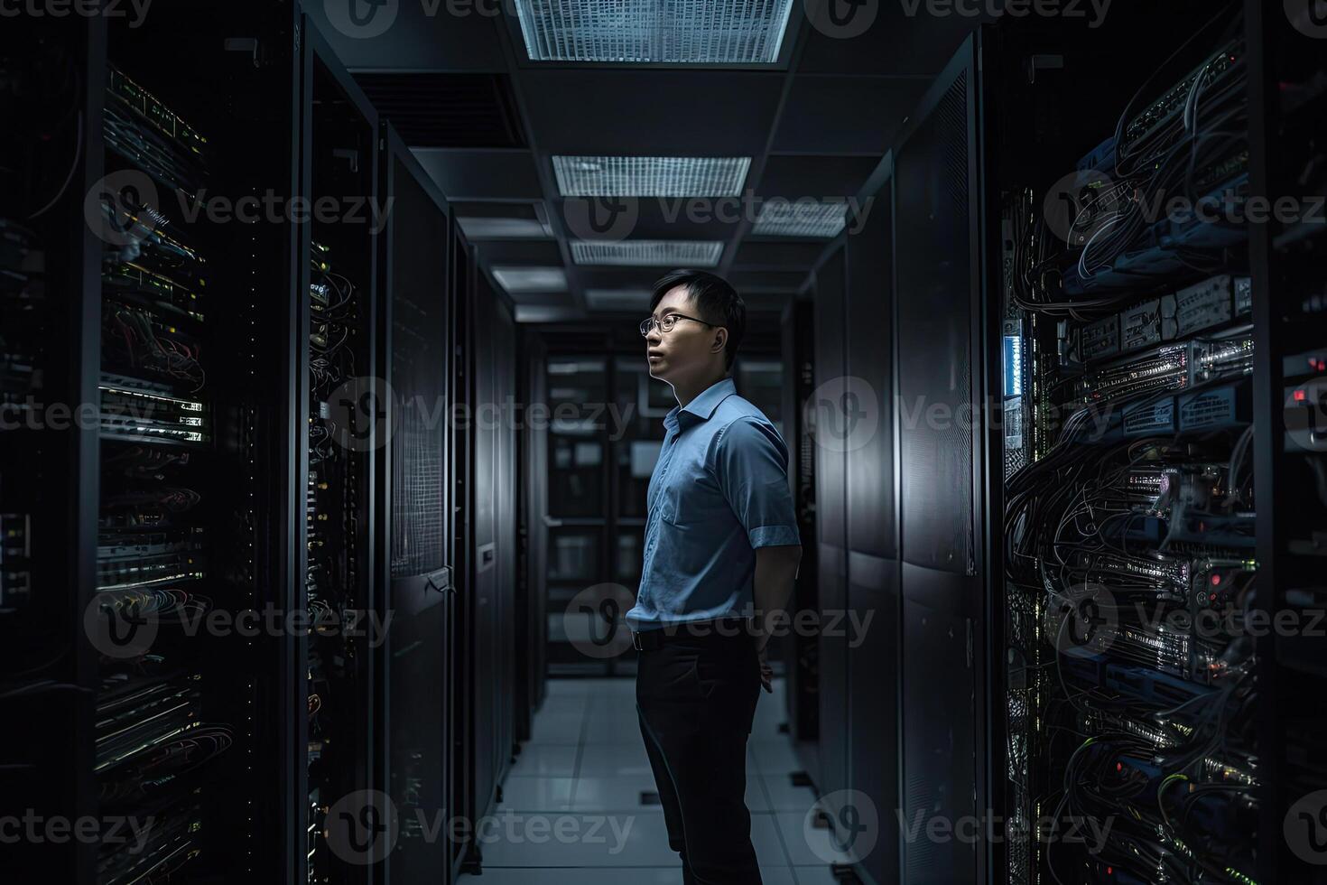 Male engineer in server room. Data center maintenance. photo