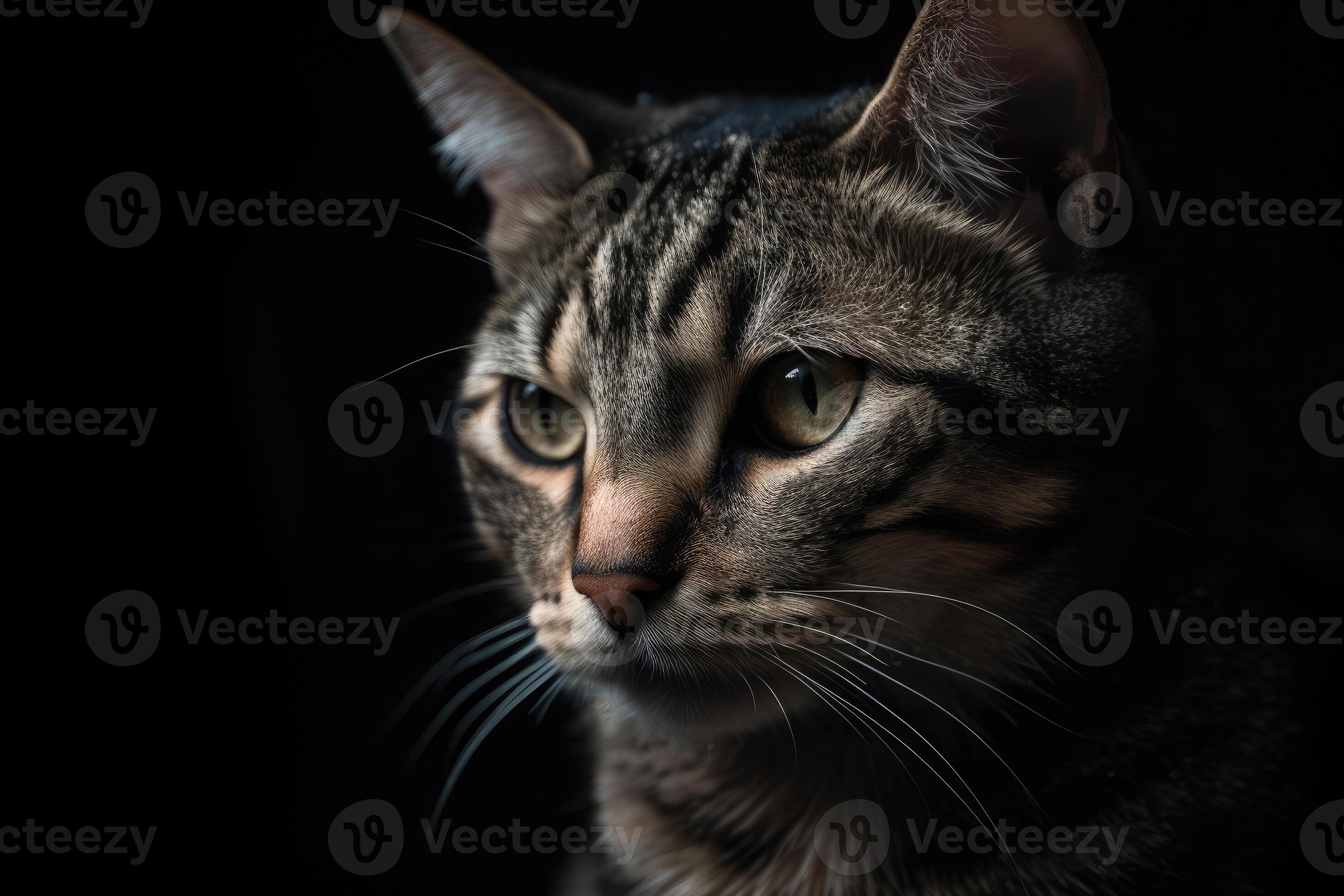 Selective focus shot of a gray cat with an angry cat face with a