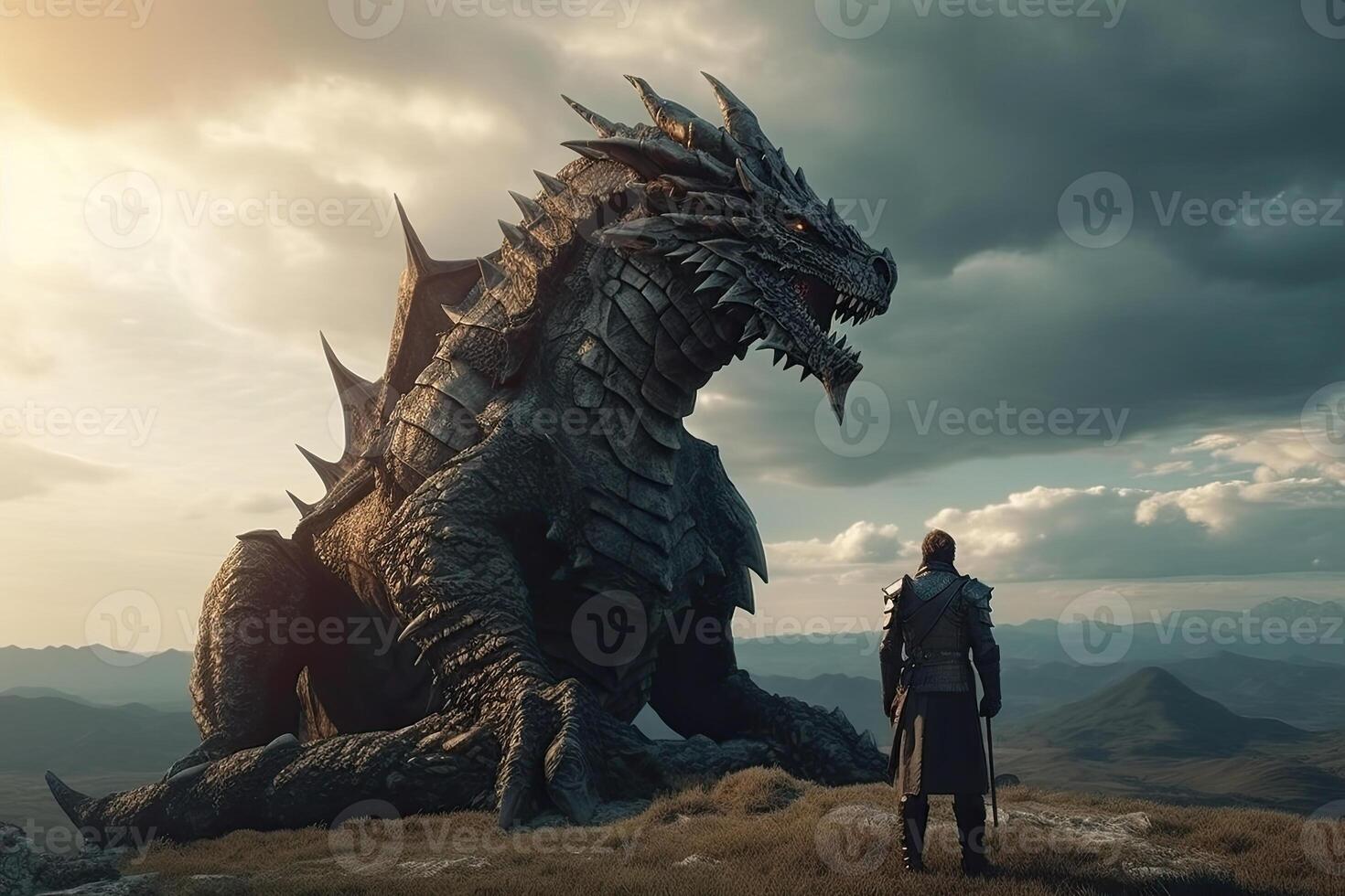 Man stands in front of huge dragon, fantasy world. photo