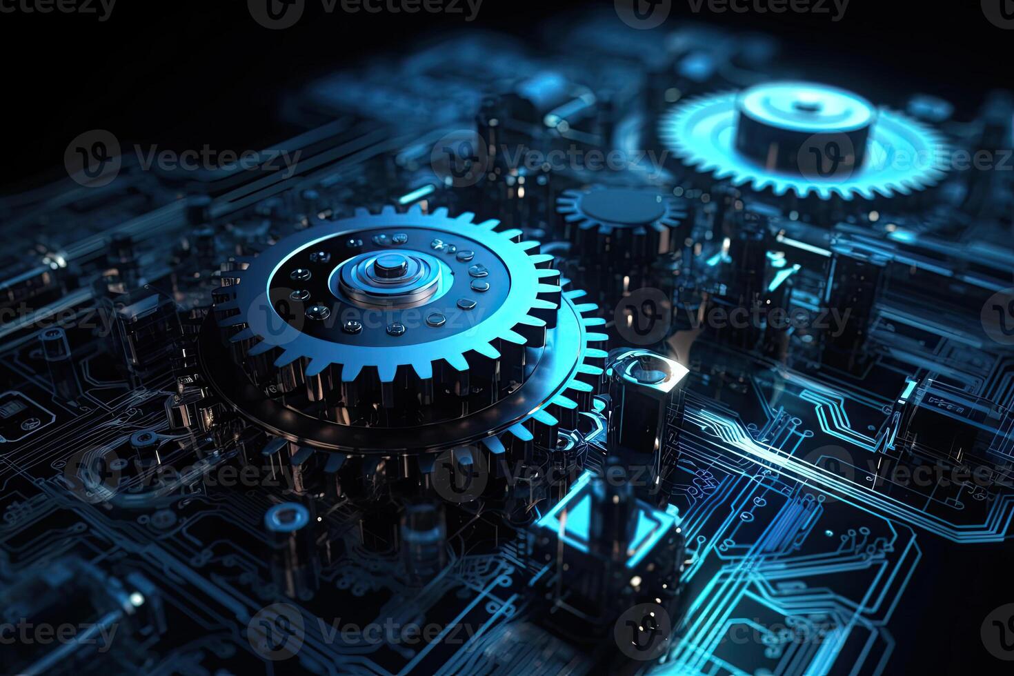 Digital gear wheels on circuit board. High technology engineering. photo