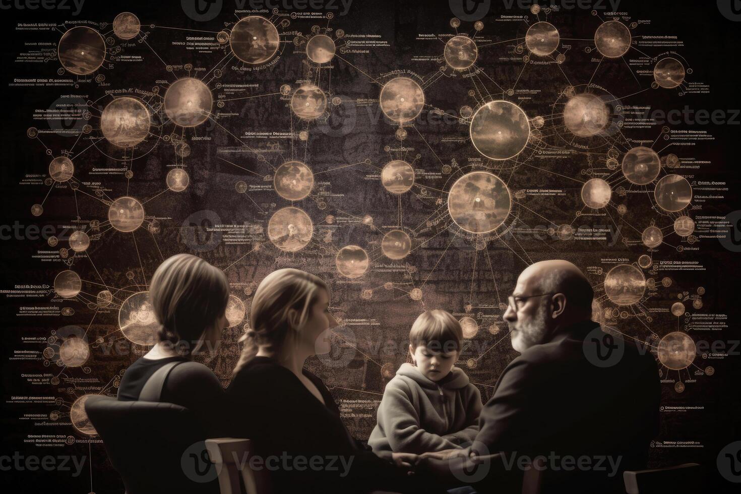 Different generations of family stand together against dark abstract background. photo