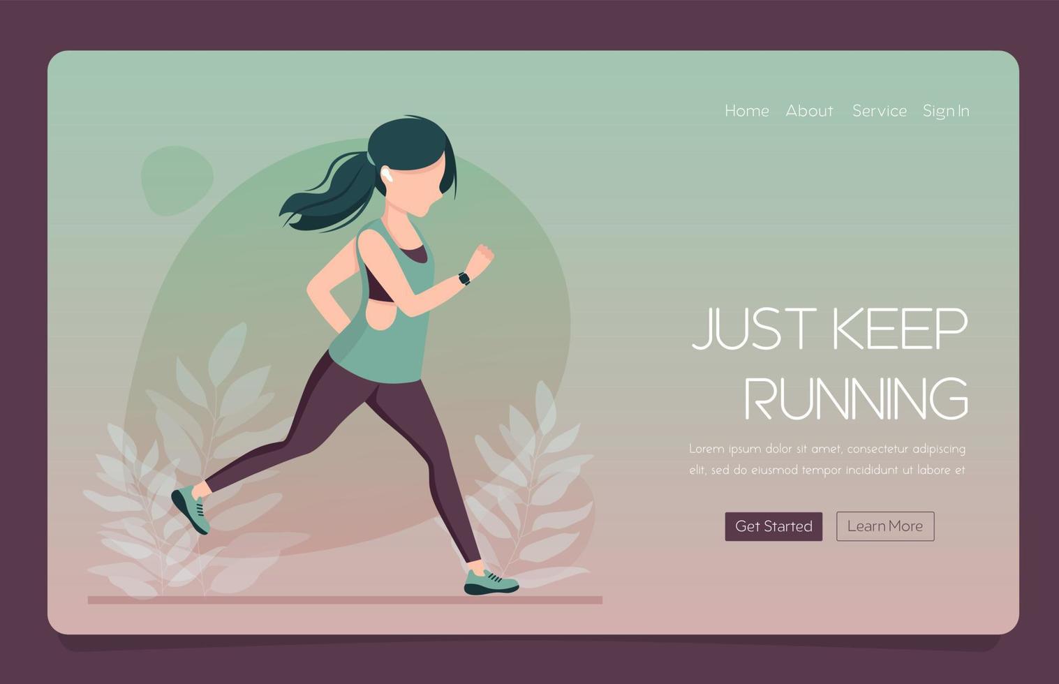 Web Landing banner Young woman running in sportswear with a tracker and headphones. vector
