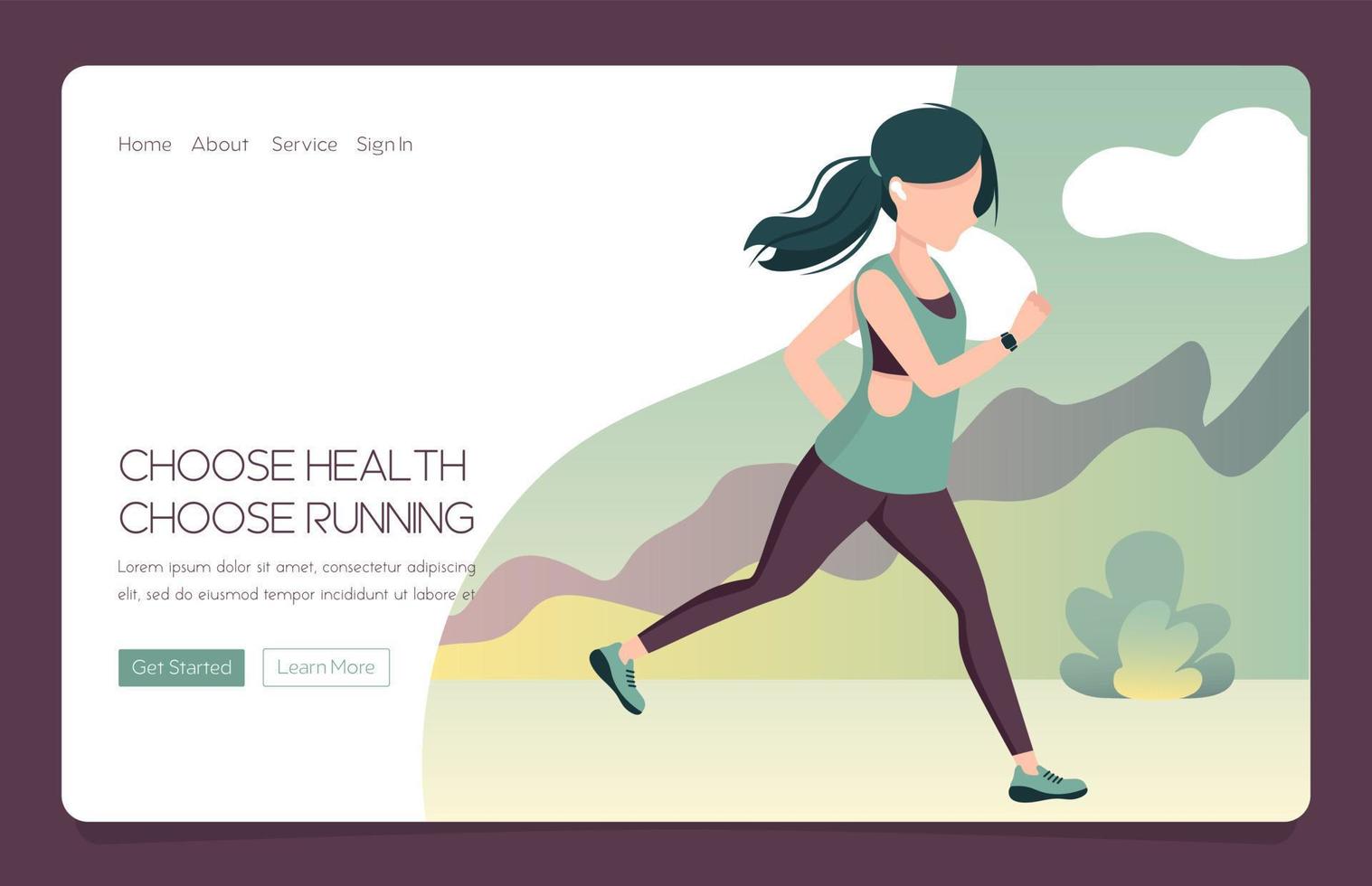 Web Landing banner Young woman running in sportswear with a tracker and headphones. vector