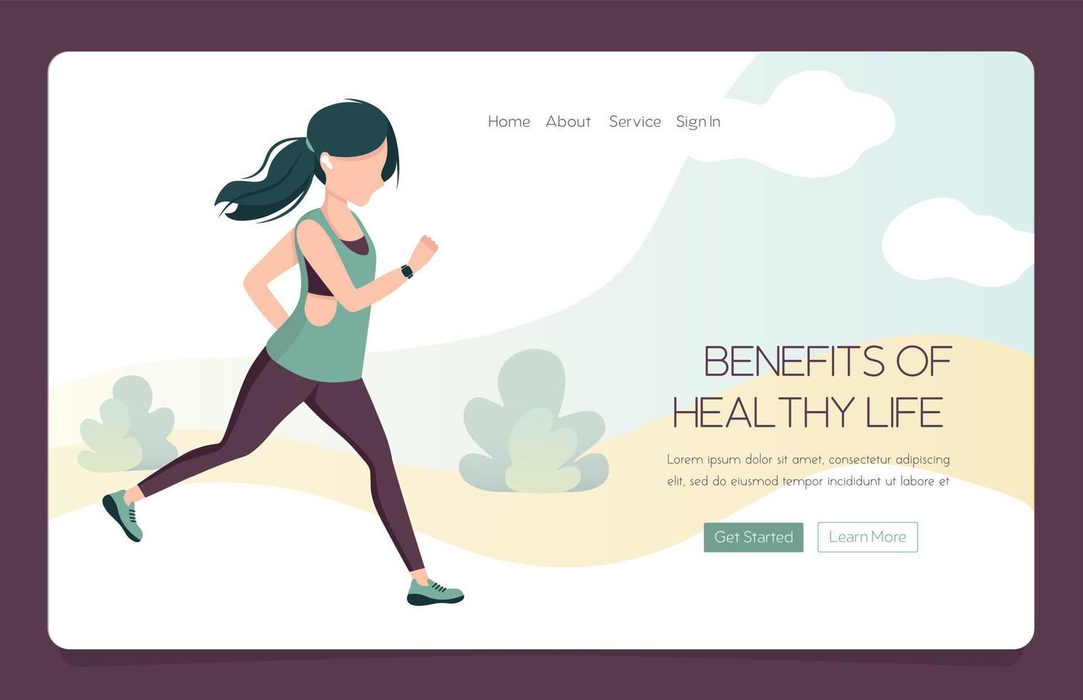 Web Landing banner Young woman running in sportswear with a tracker and headphones. vector