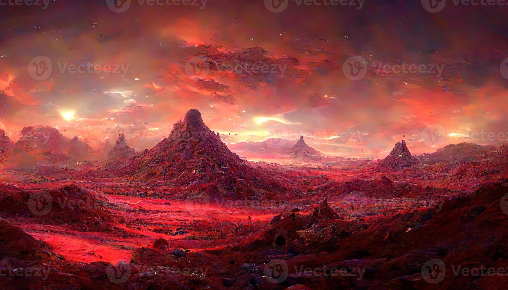 Surprising Landscape of an unexplored planet, A fantasy mountain with a hidden cave and a plasma red sky. photo