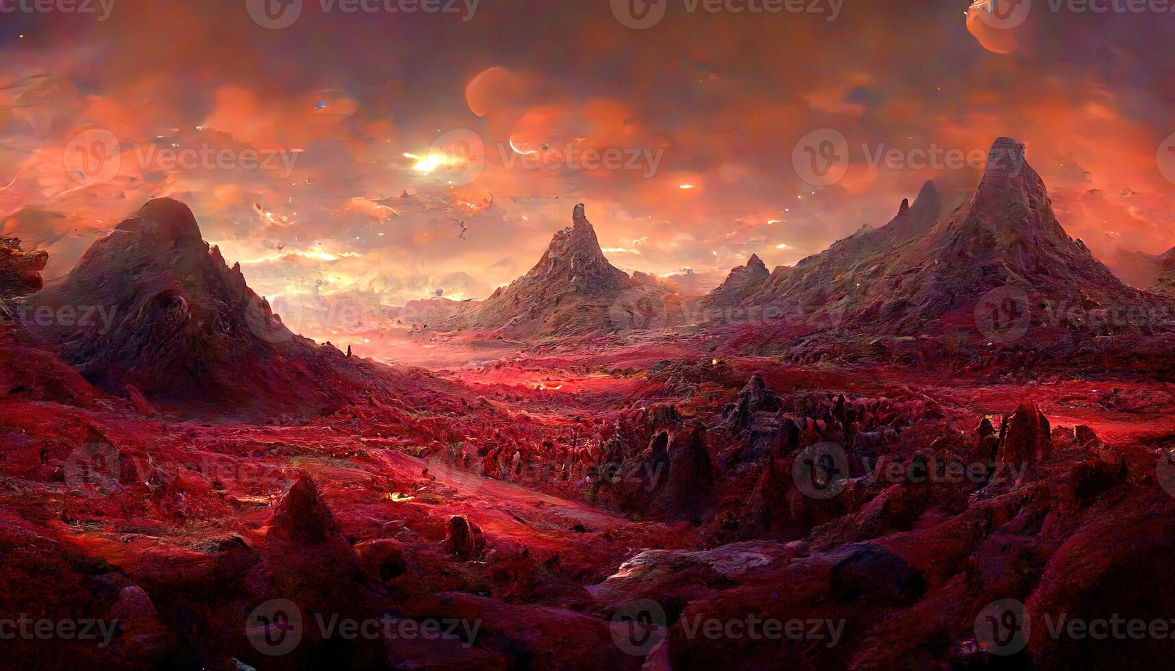 Original Landscape of an unexplored planet, A fantasy mountain with a hidden cave and a plasma red sky. photo