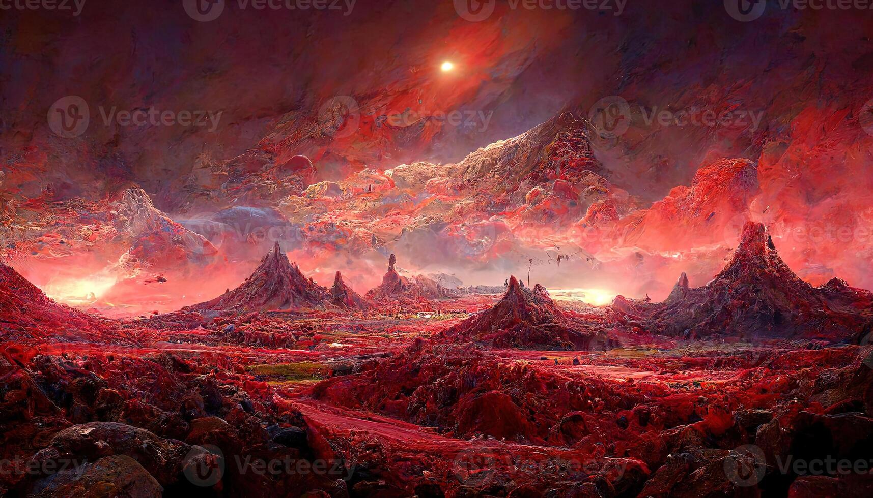 Surprising Landscape of an unexplored planet, A fantasy mountain with a hidden cave and a plasma red sky. photo