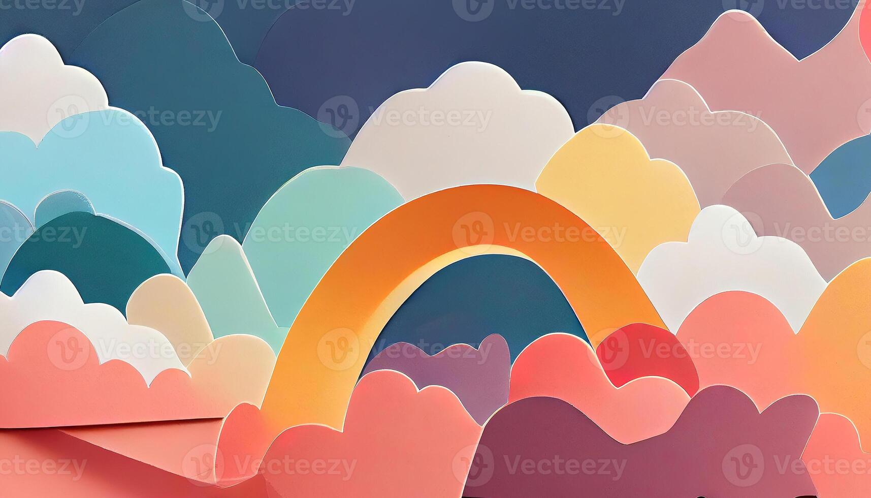 Paper cut landscape banner with rainbow and clouds made in realistic paper craft art. photo