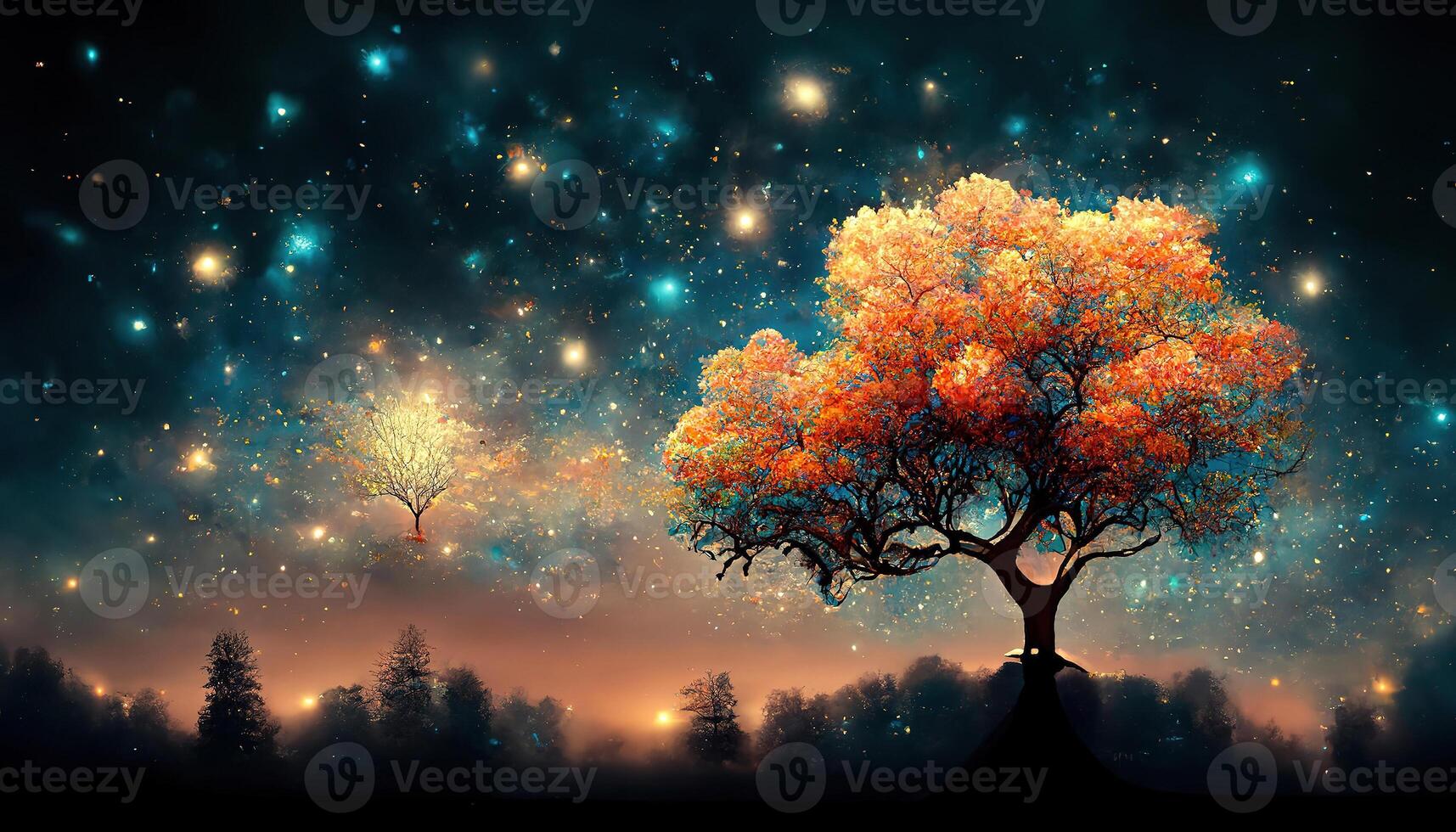 Fairy tree in fog old magical tree with big branches and orange leaves mystical autumn forest. photo