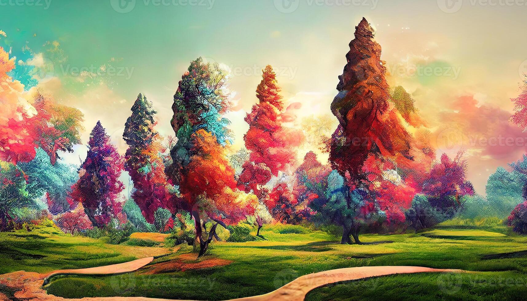 Amazing 3d mural wallpaper for canvas for frames digital graphic like the impression of drawing, colorful tree digital landscape. photo