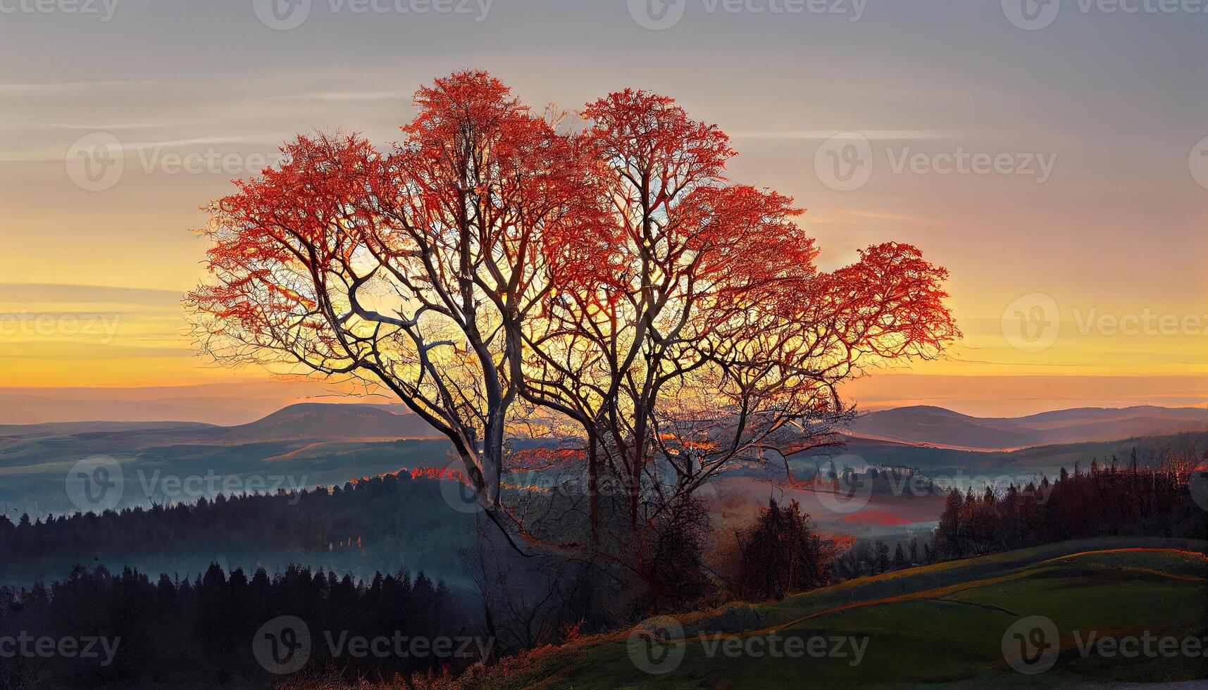 Attractive European Beech, Fagus sylvatica at dawn on the Schauinsland, with view of the Belchen. photo