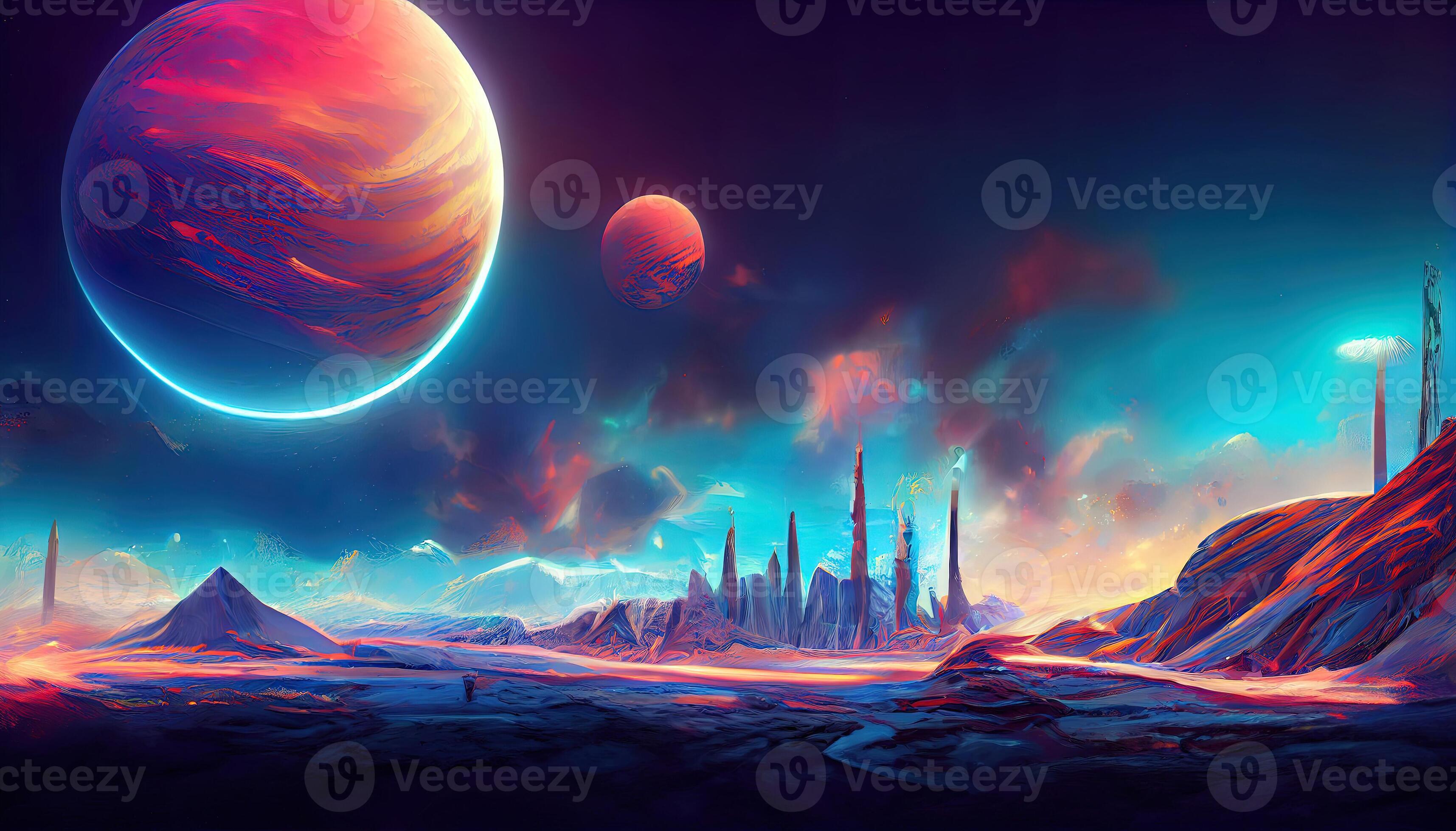 Futuristic fantasy landscape, sci-fi landscape with planet, neon light, cold planet, 3d 