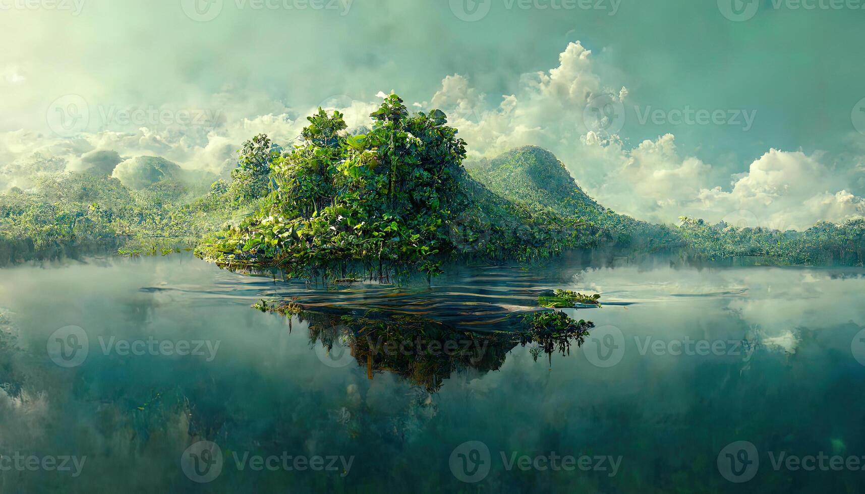 Awesome A conceptual image showing a lung-shaped lake in a lush and pristine jungle. photo