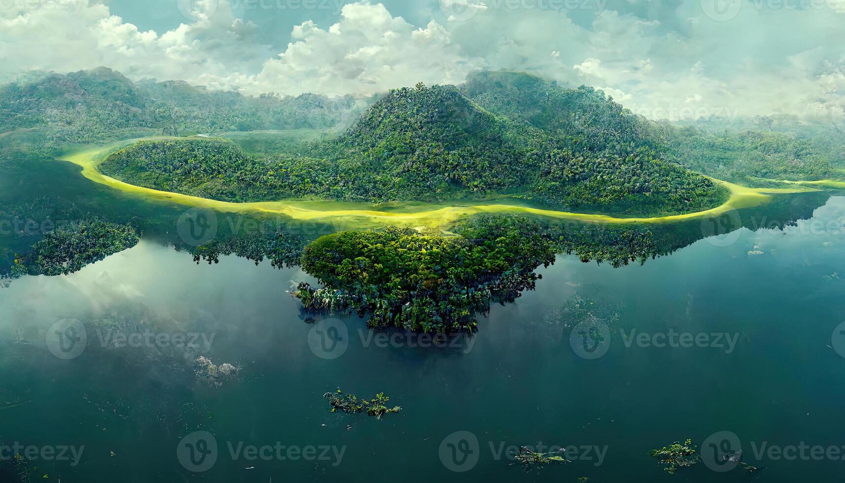 Awesome A conceptual image showing a lung-shaped lake in a lush and pristine jungle. photo