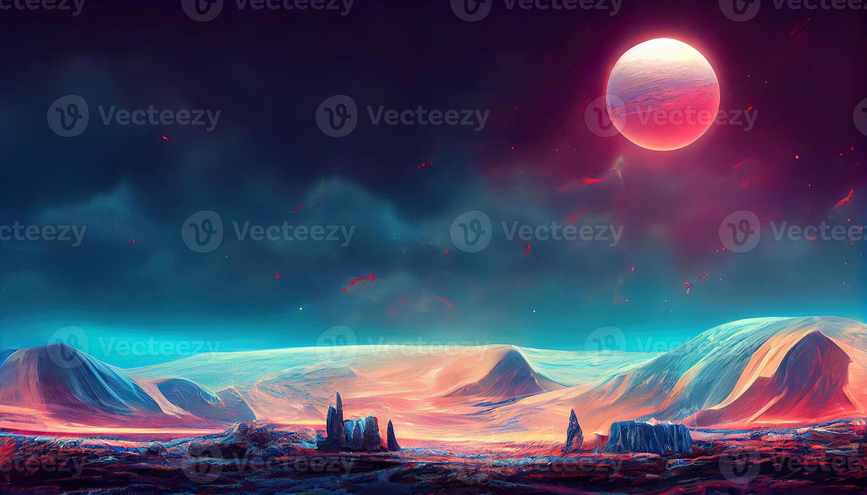 Galaxy, unknown planet. Dark natural scene with light reflection in water. Neon space galaxy portal. photo