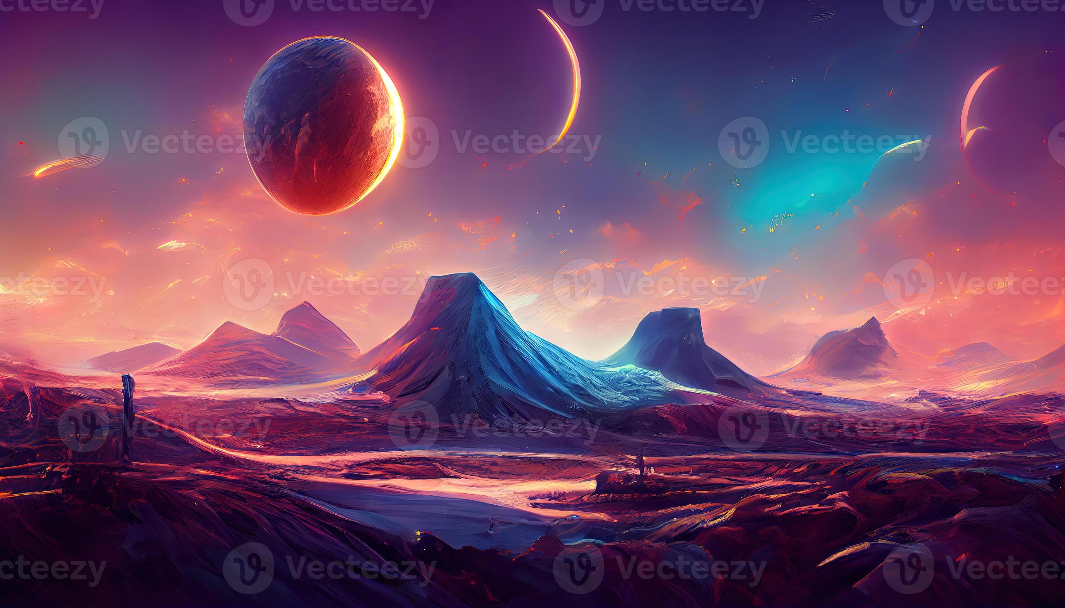 Futuristic fantasy landscape, sci-fi landscape with planet, neon light, cold planet, 3d 