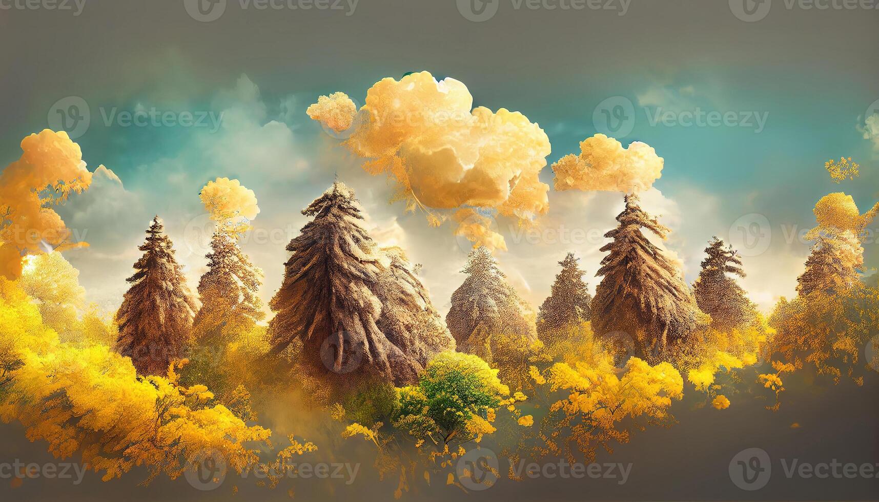Outdoor nature silhouette sunset scene and yellow background with white clouds and birds. photo