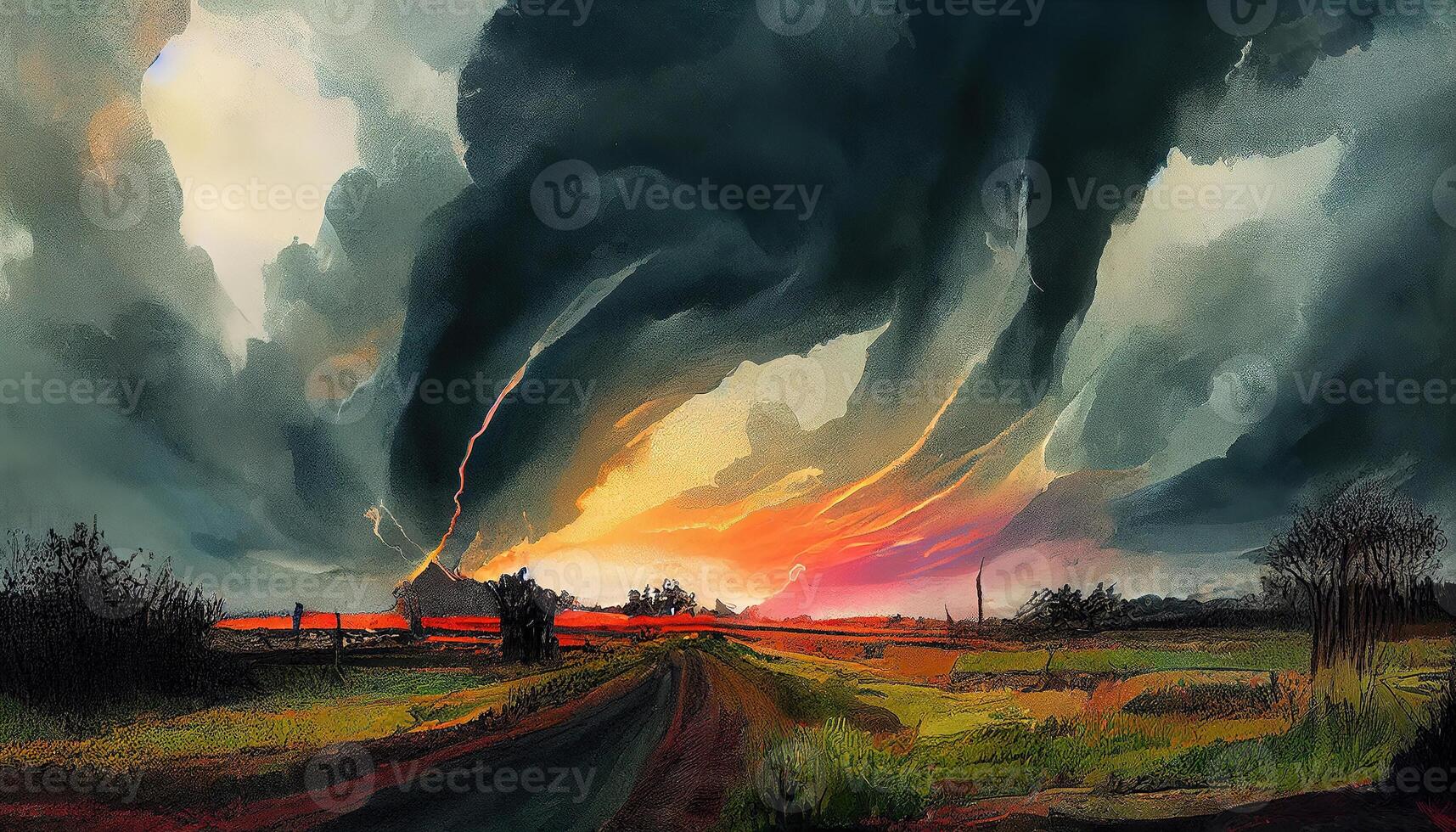 Along the road and lightning. powerful lightning bolt strikes the ground in an open. photo
