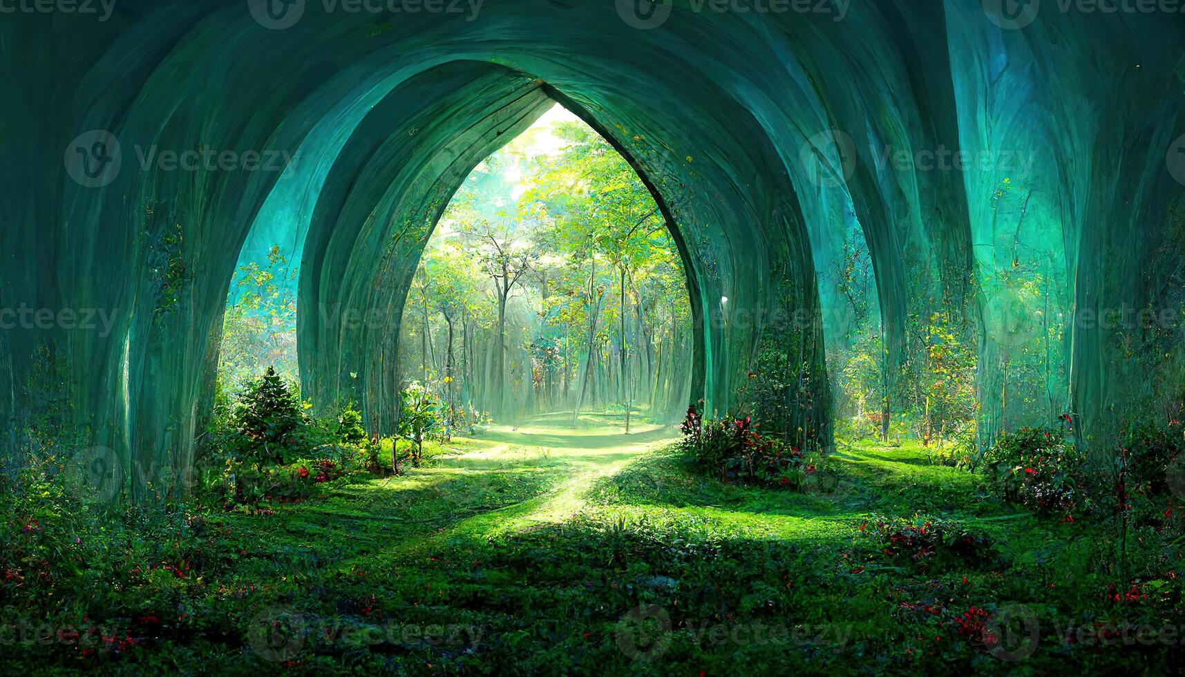 A stone path in a dense forest leads to a rock in which there is a portal to another dimension. photo