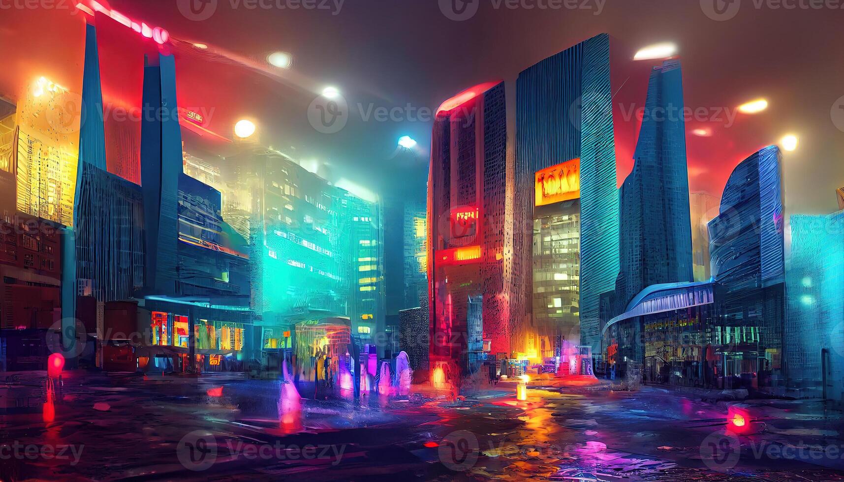 3D Rendering of neon mega city with light reflection from puddles on street heading toward buildings. photo