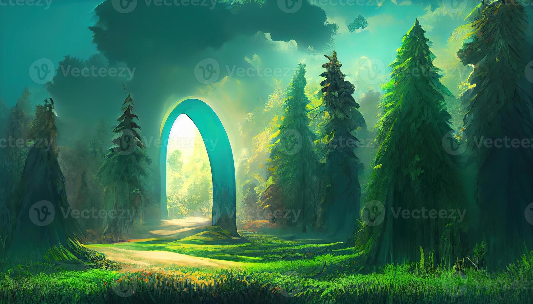 In a dense forest, an archway leads to another dimension, The leaves on the trees are green. photo