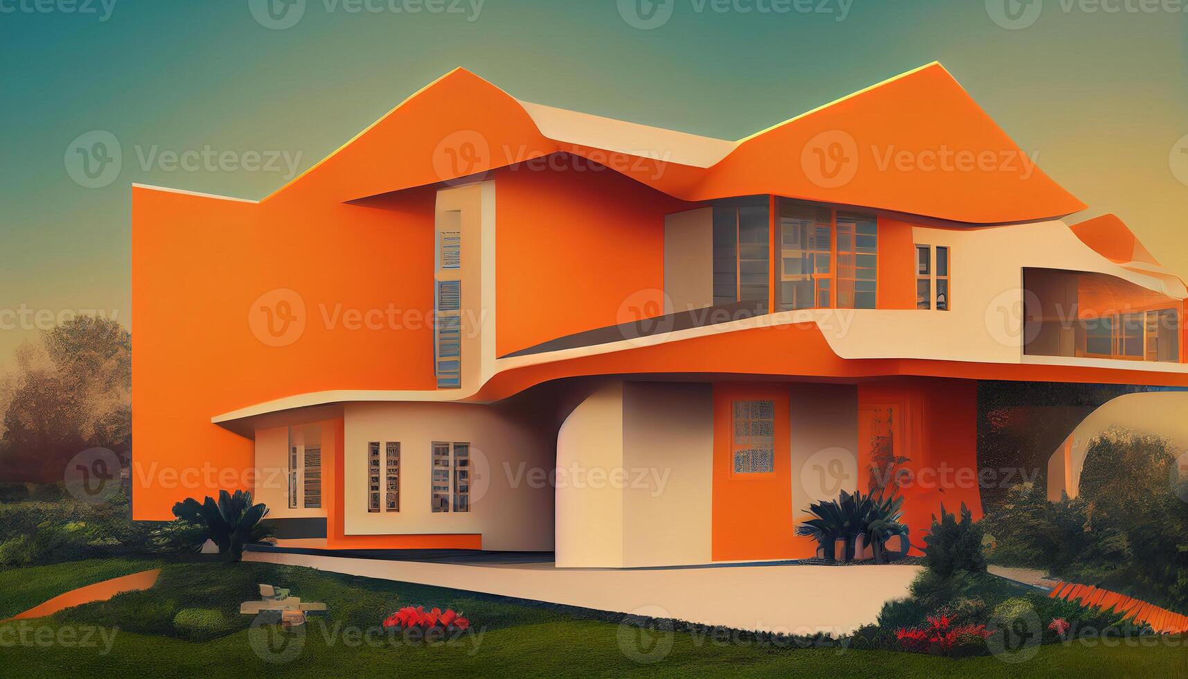 el casa es rodeado por un un montón de dinero y natural en el naranja cielo, 3d representación, detallado, de colores. generativo ai foto