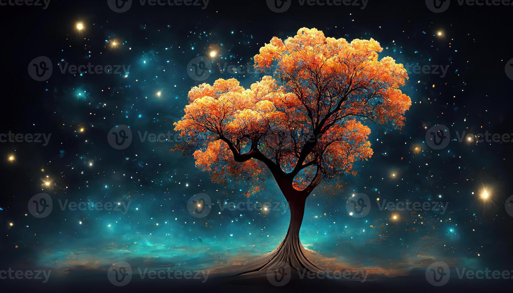 Original 3d render of a tree against a sunset sky. photo
