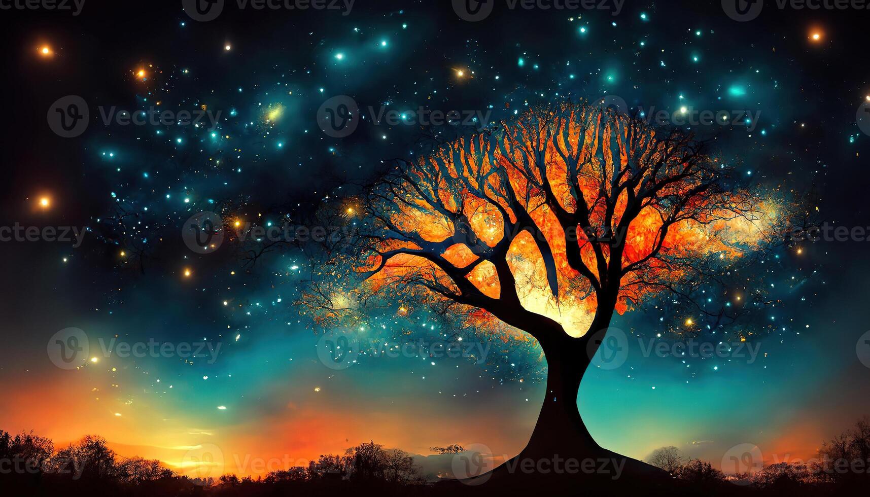 3d tree silhouetted tree against a moonlit landscape. photo