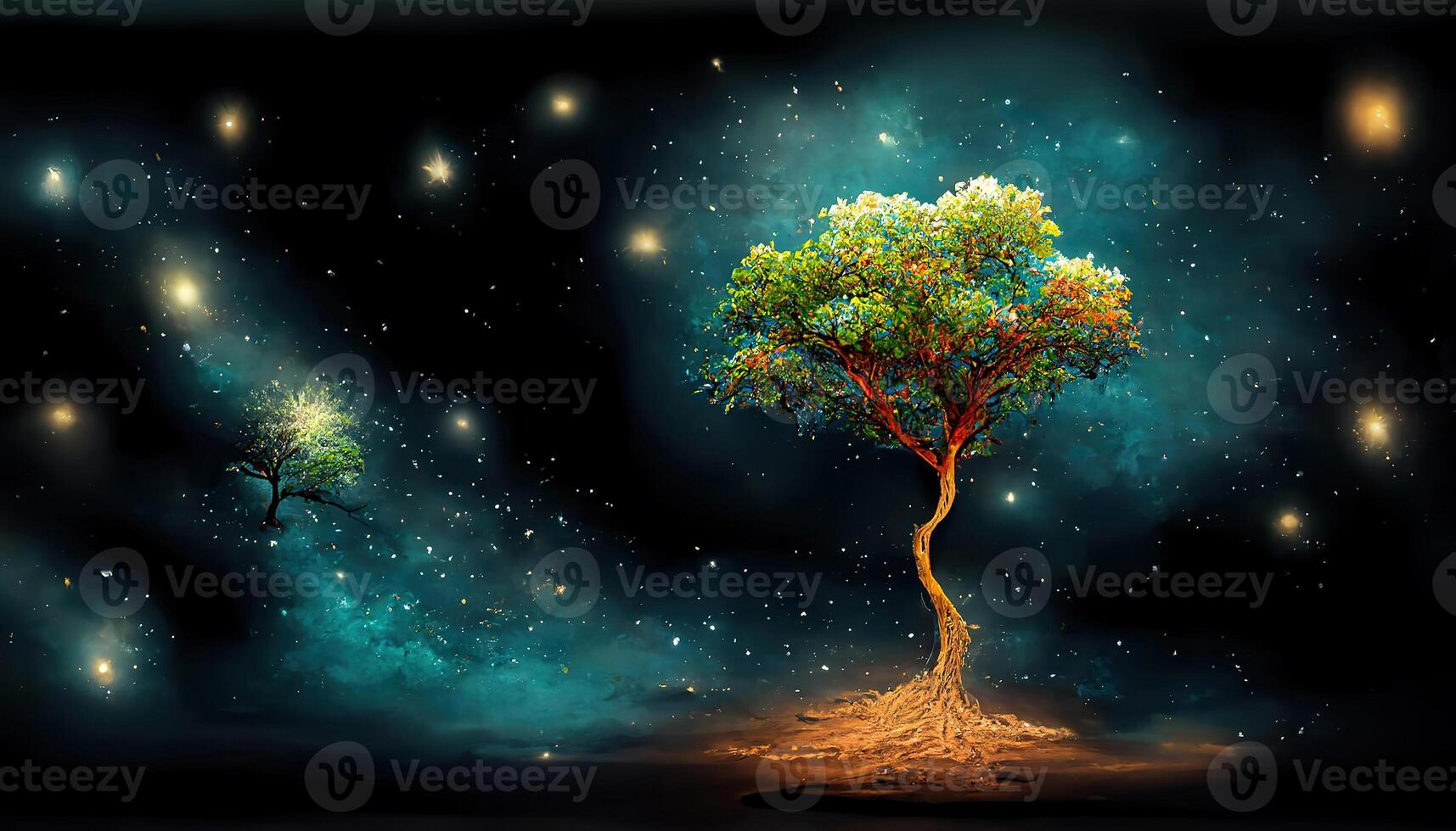 Wonderful The tree in the night sky, 3d illustration, 3D graphics, 3d rendering, Detailed, colored. photo