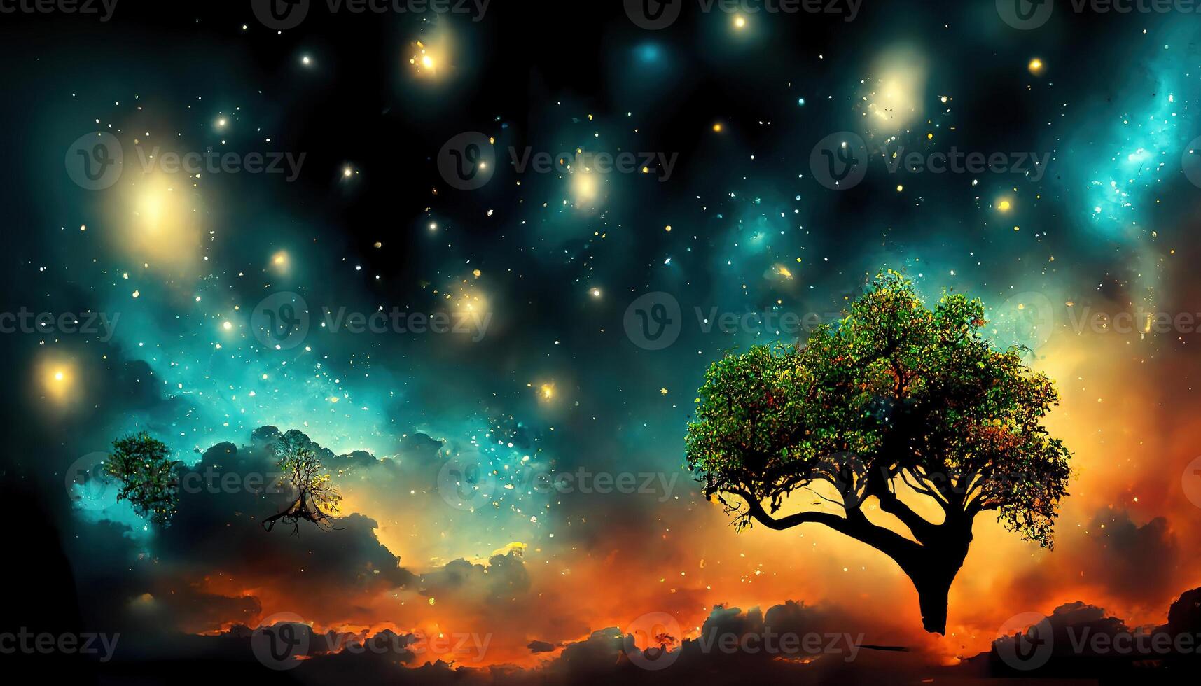 Wonderful The tree in the night sky, 3d illustration, 3D graphics, 3d rendering, Detailed, colored. photo