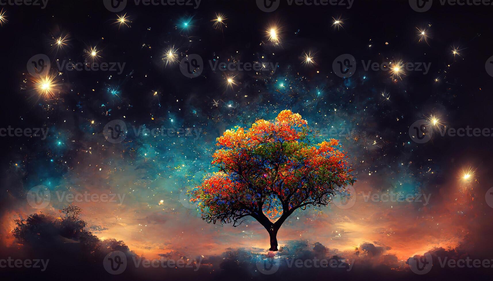 Fairy tree in fog old magical tree with big branches and orange leaves mystical autumn forest. photo