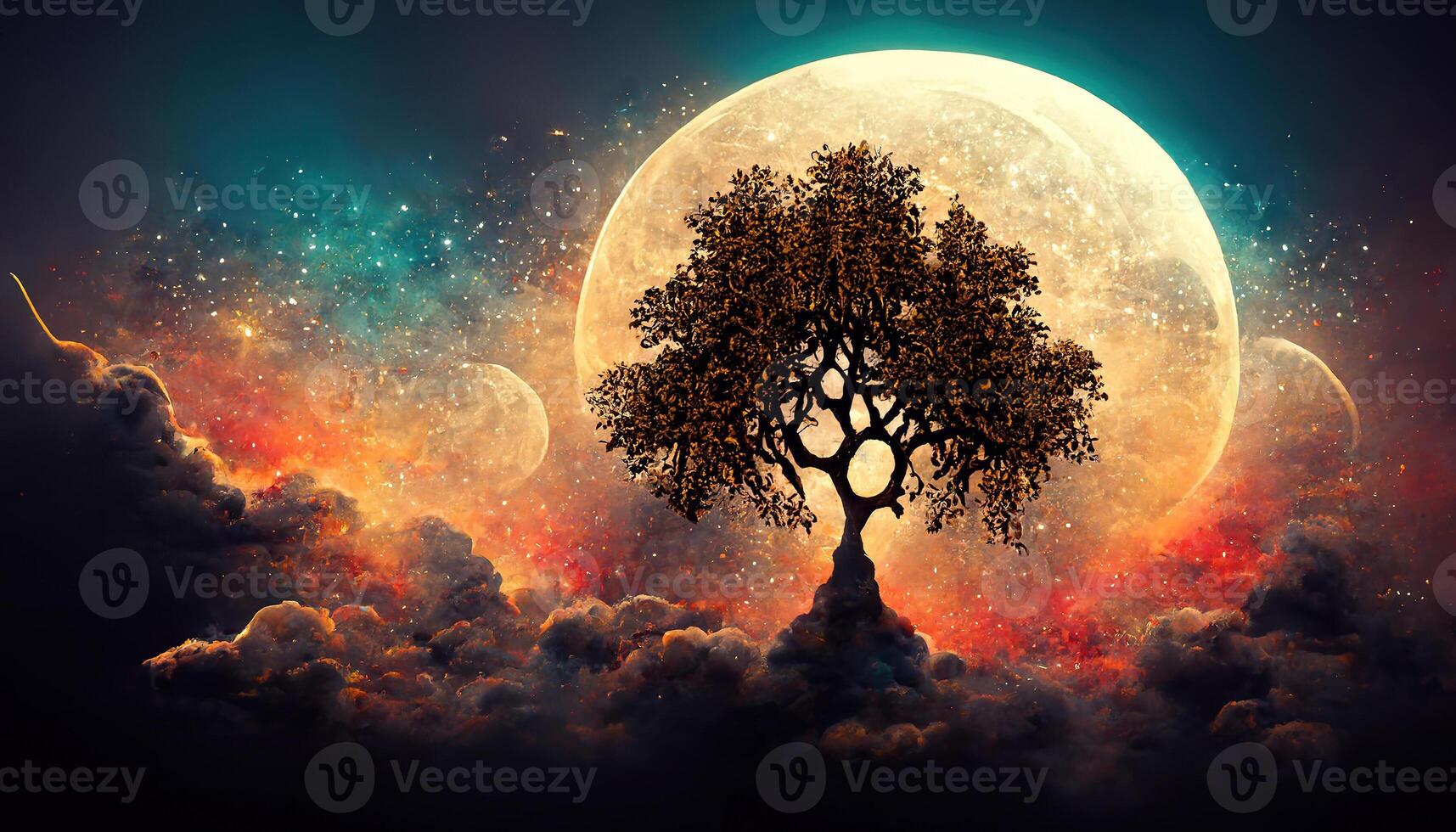 3d render of a silhouette of a tree against a space sky with moon photo