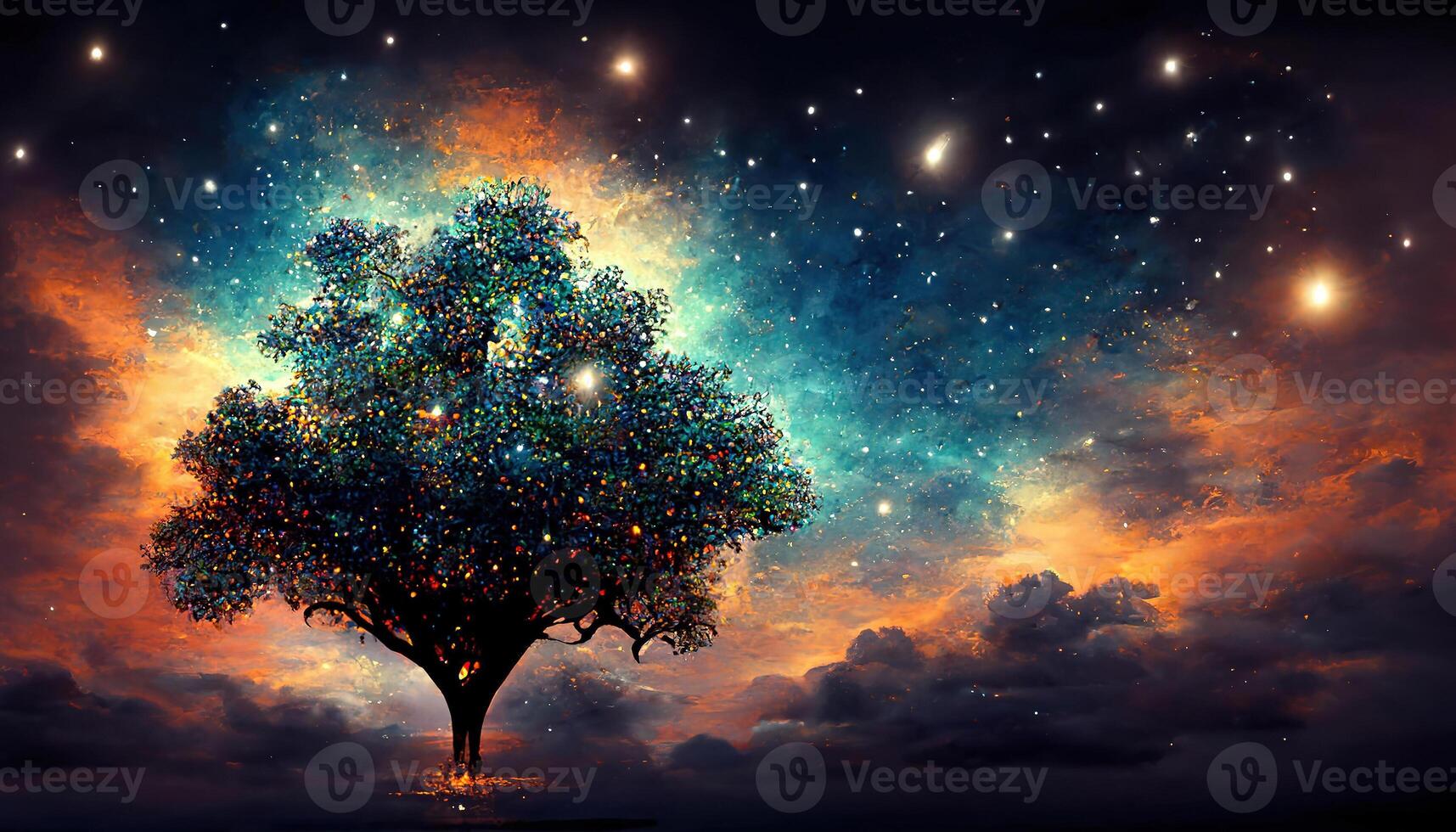 Surprising The tree in the night sky, 3d illustration, 3D graphics, 3d rendering, Detailed, colored. photo