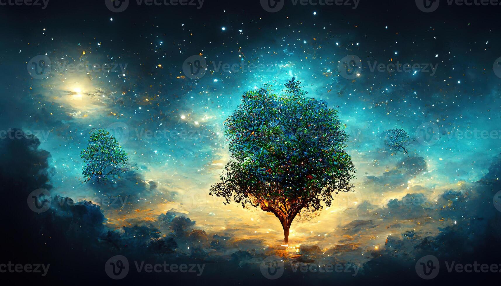 3d tree silhouetted tree against a moonlit landscape. photo