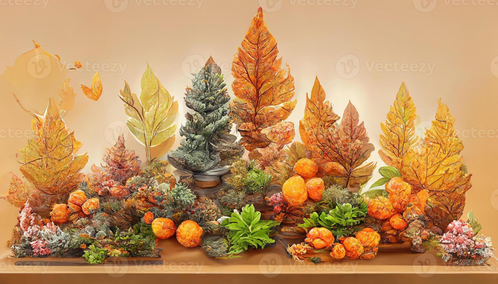 Exceptional Autumn display podium decoration background with orange leaves, trees, gift box, product display mock up. photo