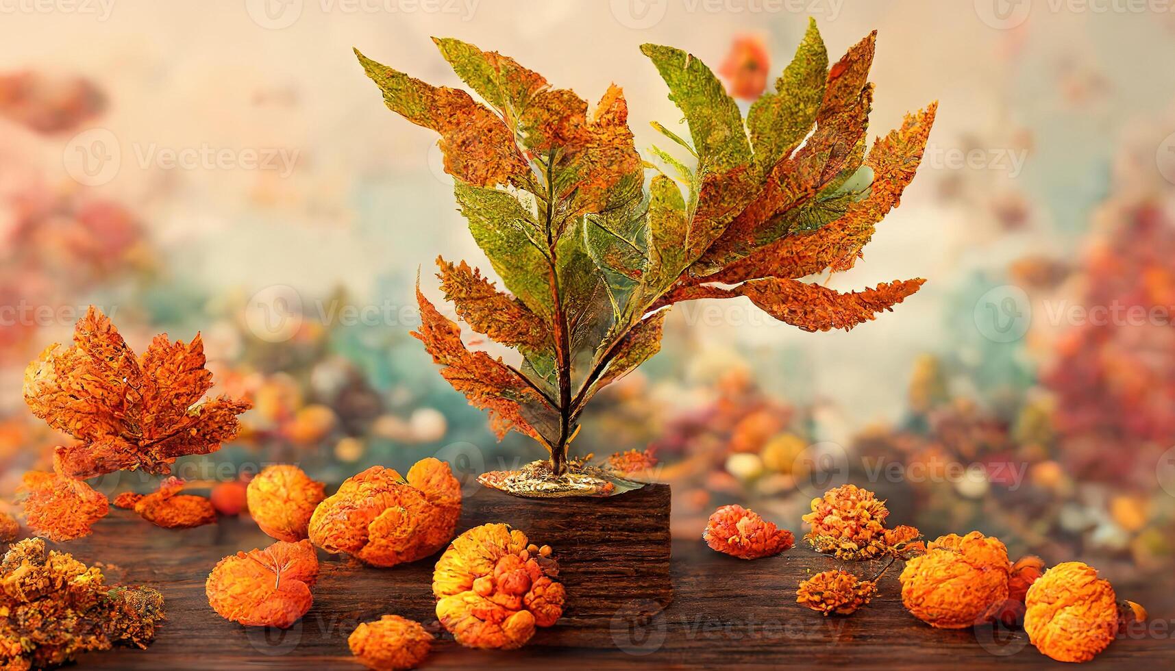 Exceptional Autumn display podium decoration background with orange leaves, trees, gift box, product display mock up. photo